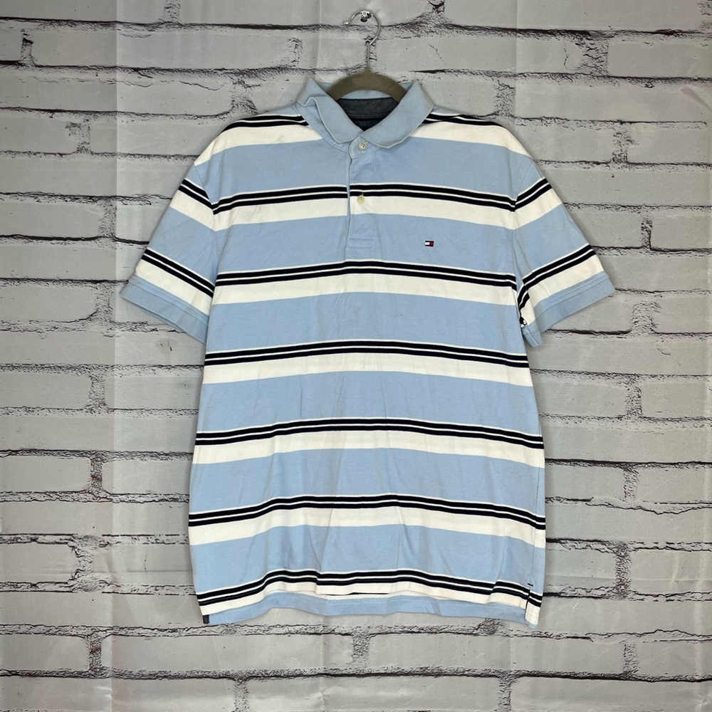 Tommy Hilfiger Blue and White Striped Polo Shirt SZ L Classic 1/4 Button Relaxed